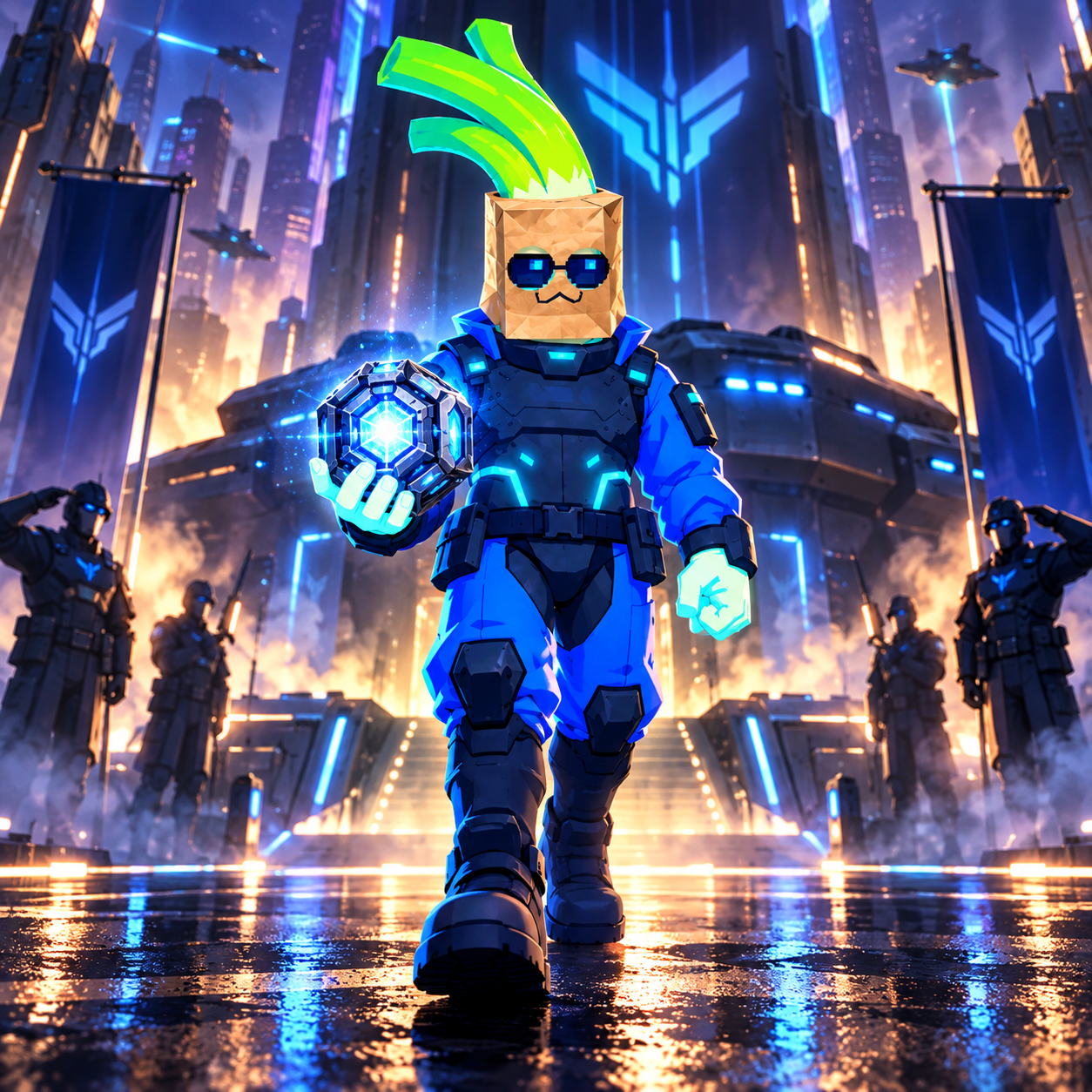 Z CyberLeek carrying an energy core through a futuristic city