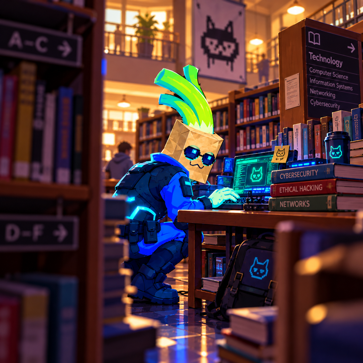 Z CyberLeek working on a laptop in a warmly lit library